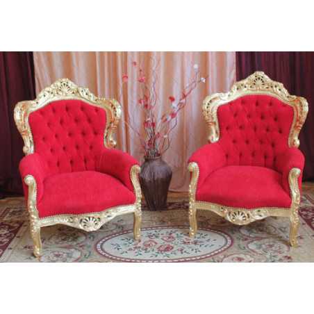 FAUTEUIL DE STYLE BAROQUE - Bois doré - Velours rouge - Fauteuil du Père Noël FAUTEUIL DE STYLE BAROQUE - Bois doré - Velours rouge - Fauteuil du Père Noël