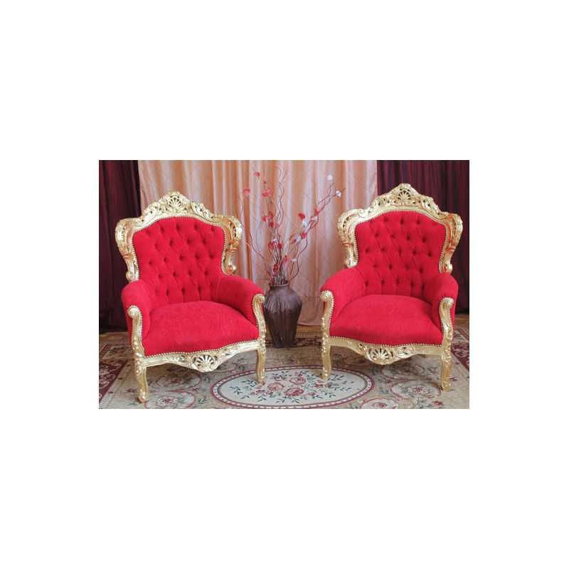 LOT 2 FAUTEUILS DE STYLE BAROQUE - Bois doré - Velours rouge - Fauteuil du Père Noël