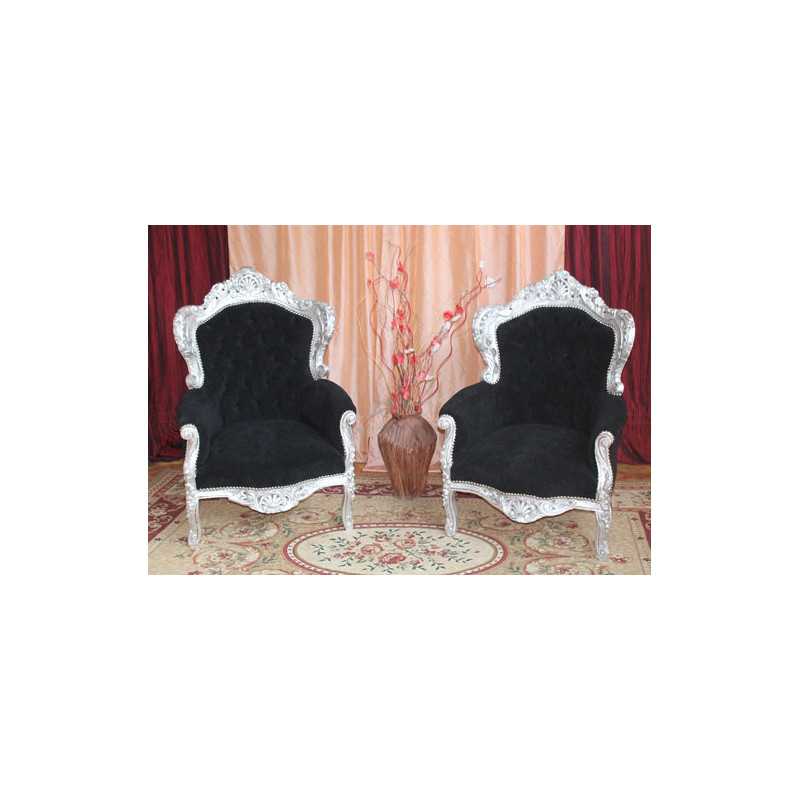 FAUTEUIL DE STYLE BAROQUE - Bois argent avec un velours noir
