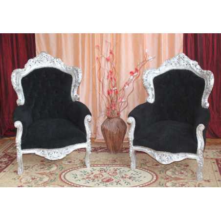 FAUTEUIL DE STYLE BAROQUE - Bois argent avec un velours noir