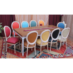 LOT 23 CHAISES MÉDAILLON MULTICOLORES EN STOCK - Bois doré et cérusé blanc - Simili cuir NON FEU M1 - PROMO -43%Lot de 23 chaises Médaillon Louis XVI multicolores réservé exclusivement aux professionnels.Prix promotionnel : 199€ TTC l’unité au lieu de 349€ TTC, soit 150€ de remise par chaise et environ 43% de réduction. Le prix normal comprend la chaise à 249€ TTC + l’option simili cuir NON FEU M1 à 100€ TTC.− Style : Louis XVI / Chaise Médaillon− Structure : hêtre 100% massif− Finition : feuille d’or patinée et cérusé blanc− Revêtement : simili cuir NON FEU M1 multicolore− Hauteur d’assise : 48/50 cm− Hauteur totale : 100/101 cm− Largeur d’assise : 48/50 cm− Quantité disponible : 23 chaises− Prix promotionnel : 199€ TTC− Prix normal : 349€ TTC− Remise : 150€ par chaise, soit environ 43%− Vente exclusivement aux professionnels− Vente aux particuliers non acceptée pour ce lot− Produit vendu sans garantie compte tenu de la remise exceptionnelle− Version renforcée disponible sur commande : 249€ TTC + 100€ TTC d’option simili cuir NON FEU M1, soit 349€ TTC l’unité− Commande minimum pour la version renforcée : 6 chaises