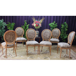 LOT 6 CHAISES MEDAILLON - Bois vernis naturel avec un simili cuir de velours