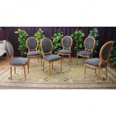 LOT 6 CHAISES MEDAILLON - Bois naturel et velours gris