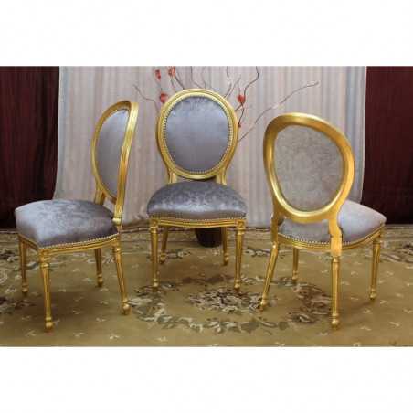 LOT 4 CHAISES MEDAILLON - Patine Or - Tissu gris LOT 4 CHAISES MEDAILLON - Patine Or - Tissu gris