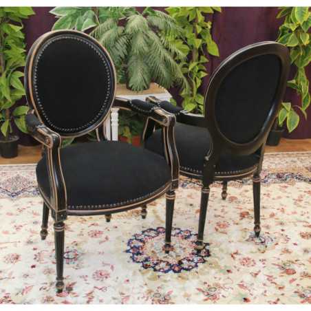 2 CHAISES MEDAILLON AVEC ACCOUDOIRS - Bois patiné marbré Noir et velours noir