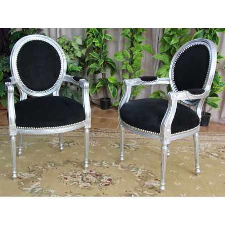 2 CHAISES MEDAILLON BAROQUE AVEC ACCOUDOIRS - Bois feuille d'argent et velours noir