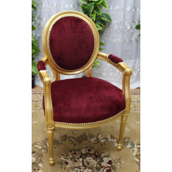2 CHAISES MEDAILLON BAROQUE AVEC  ACCOUDOIRS - Bois feuille d'or et velours bordeaux