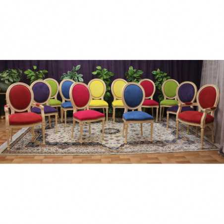 LOT 6 CHAISES MEDAILLON MULTICOLORES DONT 2 AVEC ACCOUDOIRS - Patine Or blanc - "PROMO -25%"Lot 6 chaises Médaillon en stock au prix de 199€ TTC unitaire au lieu de 249€ TTC. 2 Chaises dans ce lot sont avec des accoudoirs. Fabrication en bois de hêtre 100 % massif. Garniture de tapissier avec sangles, crin et ressorts. Chaises très confortables, adaptées aux gabarits grands et/ou forts, avec une hauteur d’assise de 50 cm et une hauteur totale de 101 cm.