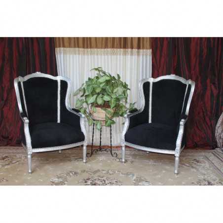 Lot 2 Fauteuils Bergère 3 PANS à Oreilles de Style Louis XVI - Fauteuils Baroque - Bois argent et velours noir