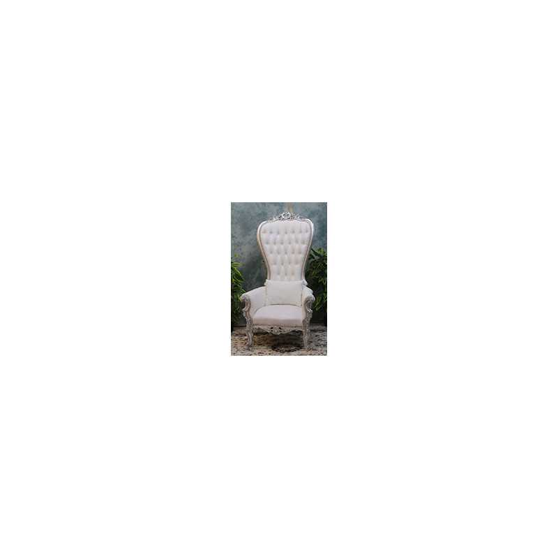 FAUTEUIL TRONE DE STYLE BAROQUE - Bois argent et Cuir blanc