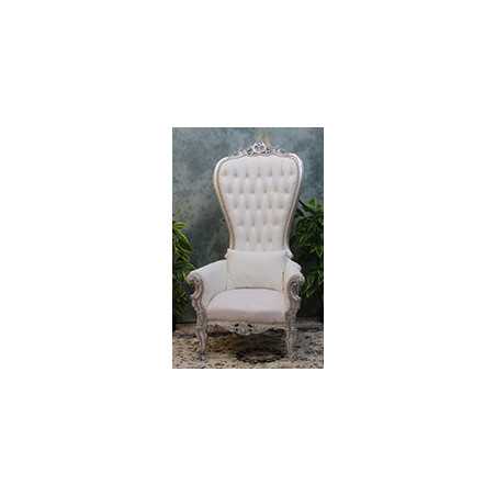 FAUTEUIL TRONE DE STYLE BAROQUE - Bois argent et Cuir blanc