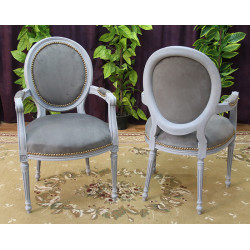 6 CHAISES MEDAILLON AVEC ACCOUDOIRS - Ceruse...