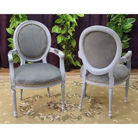 6 CHAISES MEDAILLON AVEC ACCOUDOIRS - Ceruse blanc et velours gris