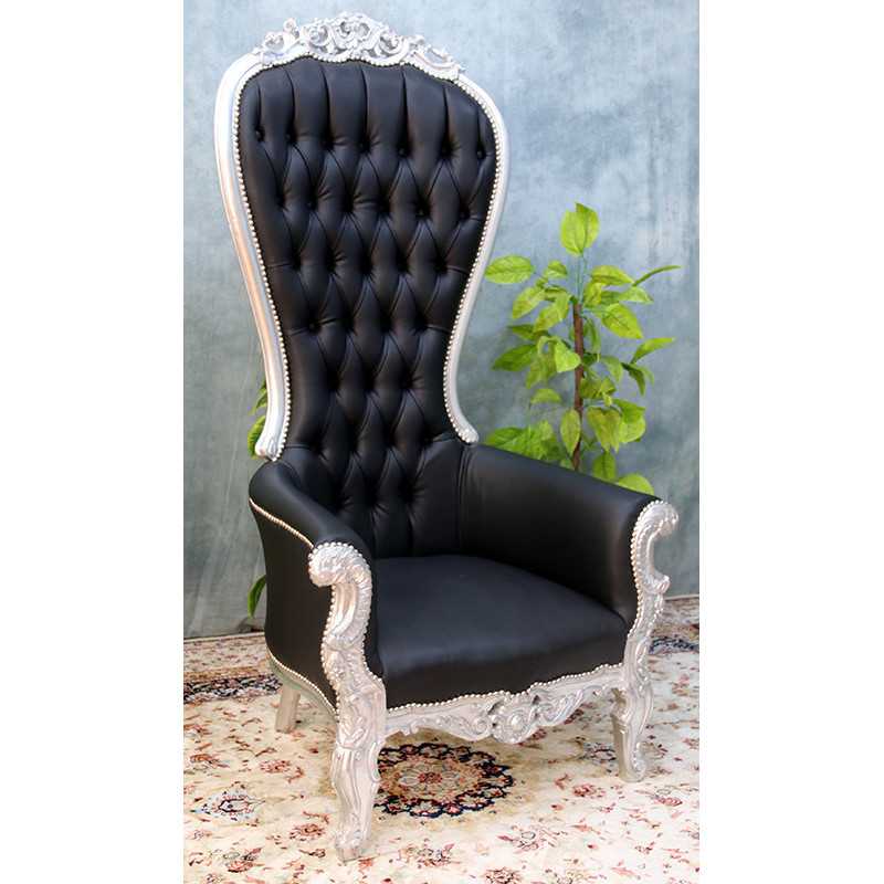 FAUTEUIL TRONE DE STYLE BAROQUE - Bois argent et Cuir noir