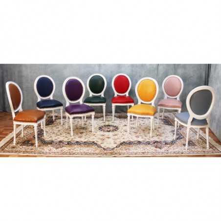 LOT 6 CHAISES MEDAILLON MULTICOULEUR - Laque blanche et Simili Cuir