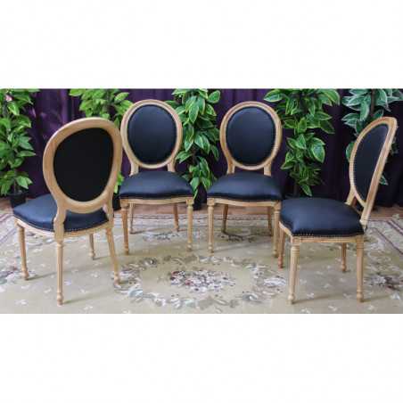 LOT 6 CHAISES MEDAILLON - Bois naturel - Simili cuir noir - "PROMO -20%"Lot 6 chaises Médaillon en stock au prix de 199€ TTC unitaire au lieu de 249€ TTC. Fabrication en bois de hêtre 100 % massif. Garniture de tapissier avec sangles, crin et ressorts. Chaises très confortables, adaptées aux gabarits grands et/ou forts, avec une hauteur d’assise de 50 cm et une hauteur totale de 101 cm.