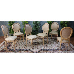 LOT 4 CHAISES MEDAILLON - Patine or blanc - Tissu creme et or