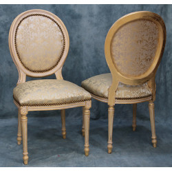 LOT 4 CHAISES MEDAILLON - Patine or blanc - Tissu creme et or