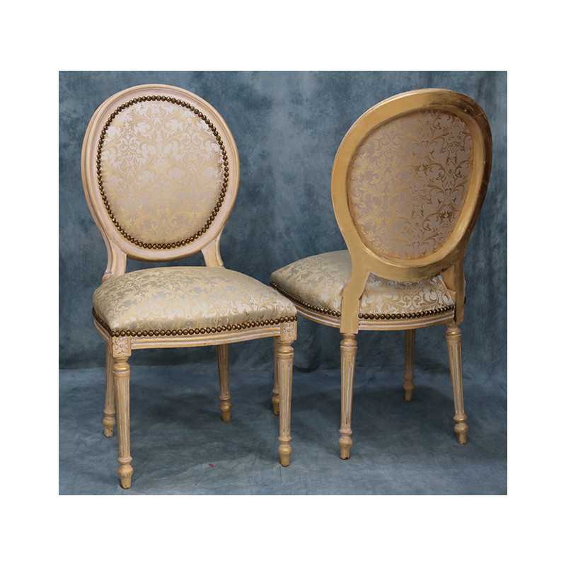 LOT 4 CHAISES MEDAILLON - Patine or blanc - Tissu creme et or