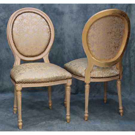 LOT 4 CHAISES MEDAILLON - Patine or blanc - Tissu creme et or LOT 4 CHAISES MEDAILLON - Patine or blanc - Tissu creme et or